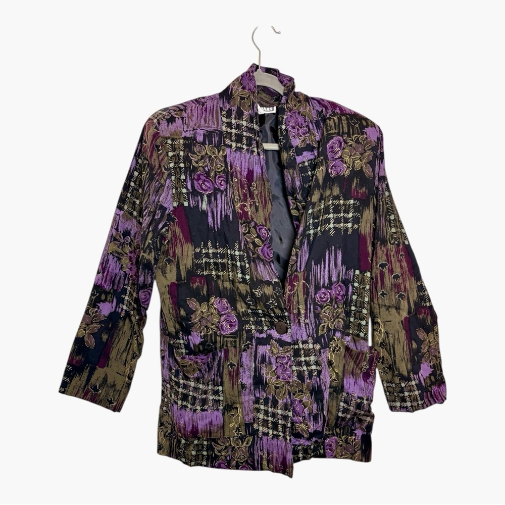 Vintage Dress Barn Purple Floral Pattern Patchwork Blazer Jacket Size 8 Large